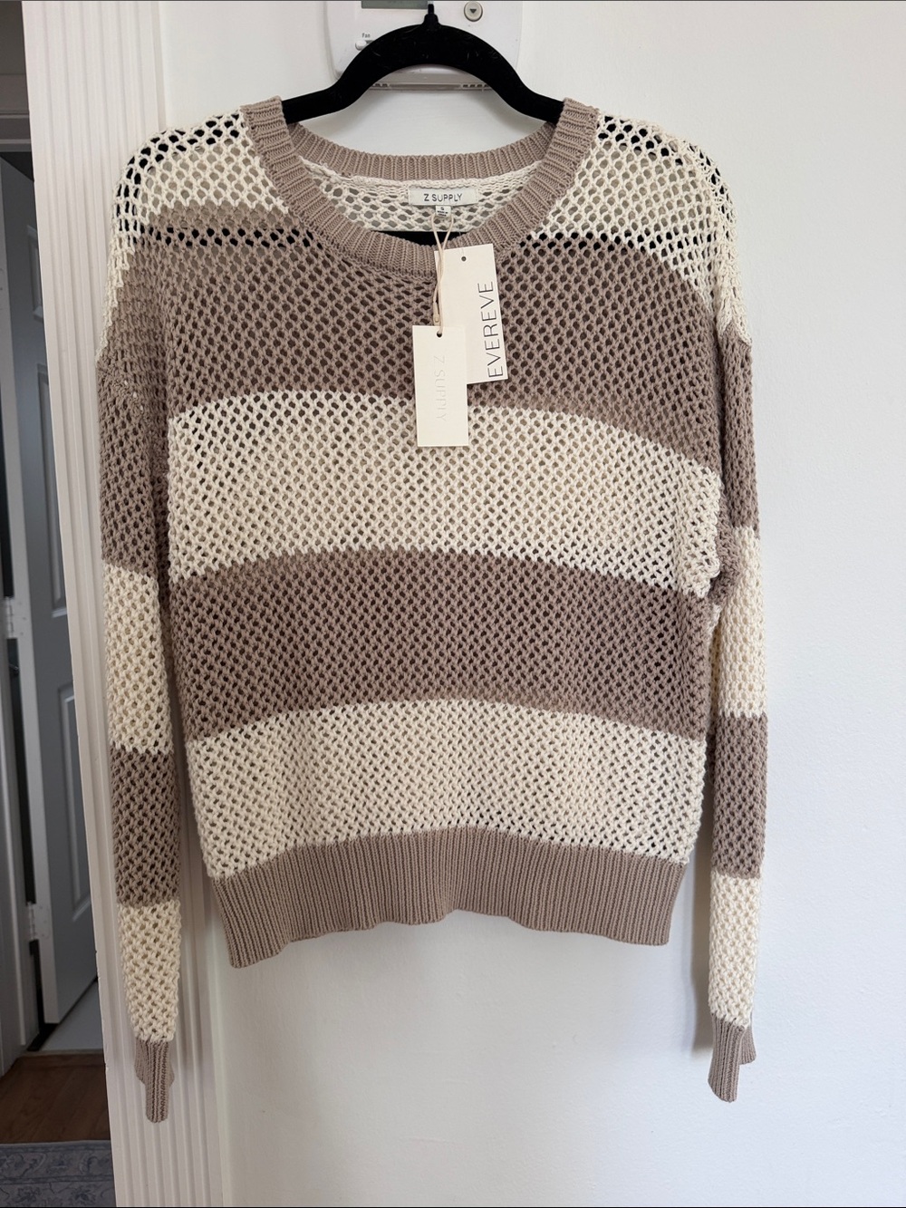 Evereve Open-Knit Striped Pullover in Cream & Taupe